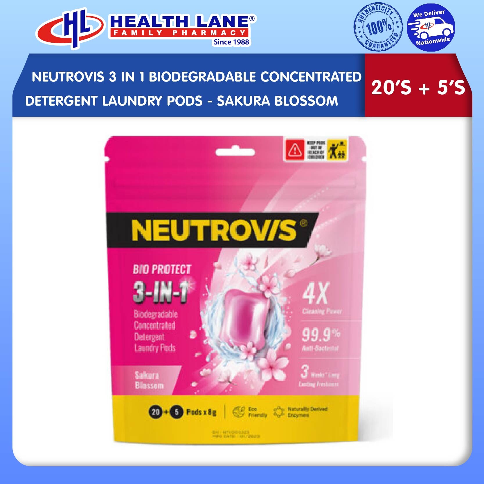 NEUTROVIS 3 IN 1 BIODEGRADABLE CONCENTRATED DETERGENT LAUNDRY PODS (20'S + 5'S) - SAKURA BLOSSOM